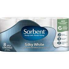 Sorbent Long Roll Silky White Toilet Tissues 3ply 8pk