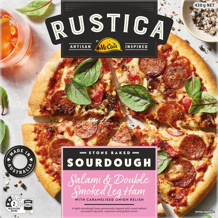 McCain Rustica Salami & Double Smoked Leg Ham with Caramelised Onion Relish Sourdough Pizza 430g