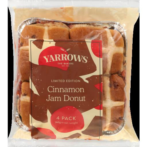 Yarrows Limited Edition Cinnamon Jam Donut Hot Cross Buns 4pk