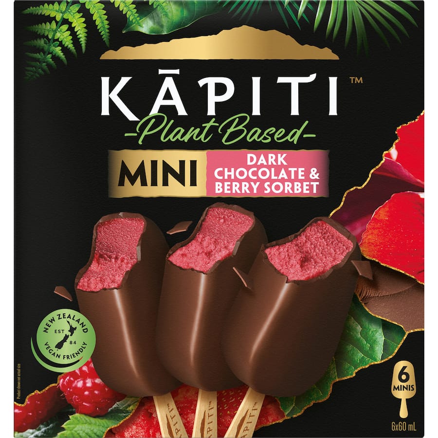 Kapiti Vegan Dark Chocolate & Berries Sorbet Ice Cream Minis On Stick 6pk x 60ml