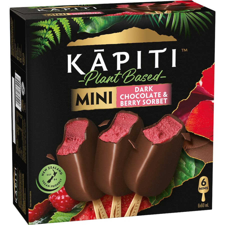 Kapiti Vegan Dark Chocolate & Berries Sorbet Ice Cream Minis On Stick 6pk x 60ml