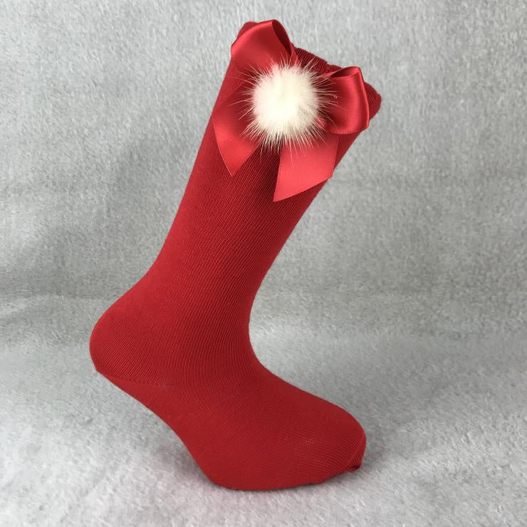 Carlomagno Fluff Pom Pom Knee High Sock Red Size 6