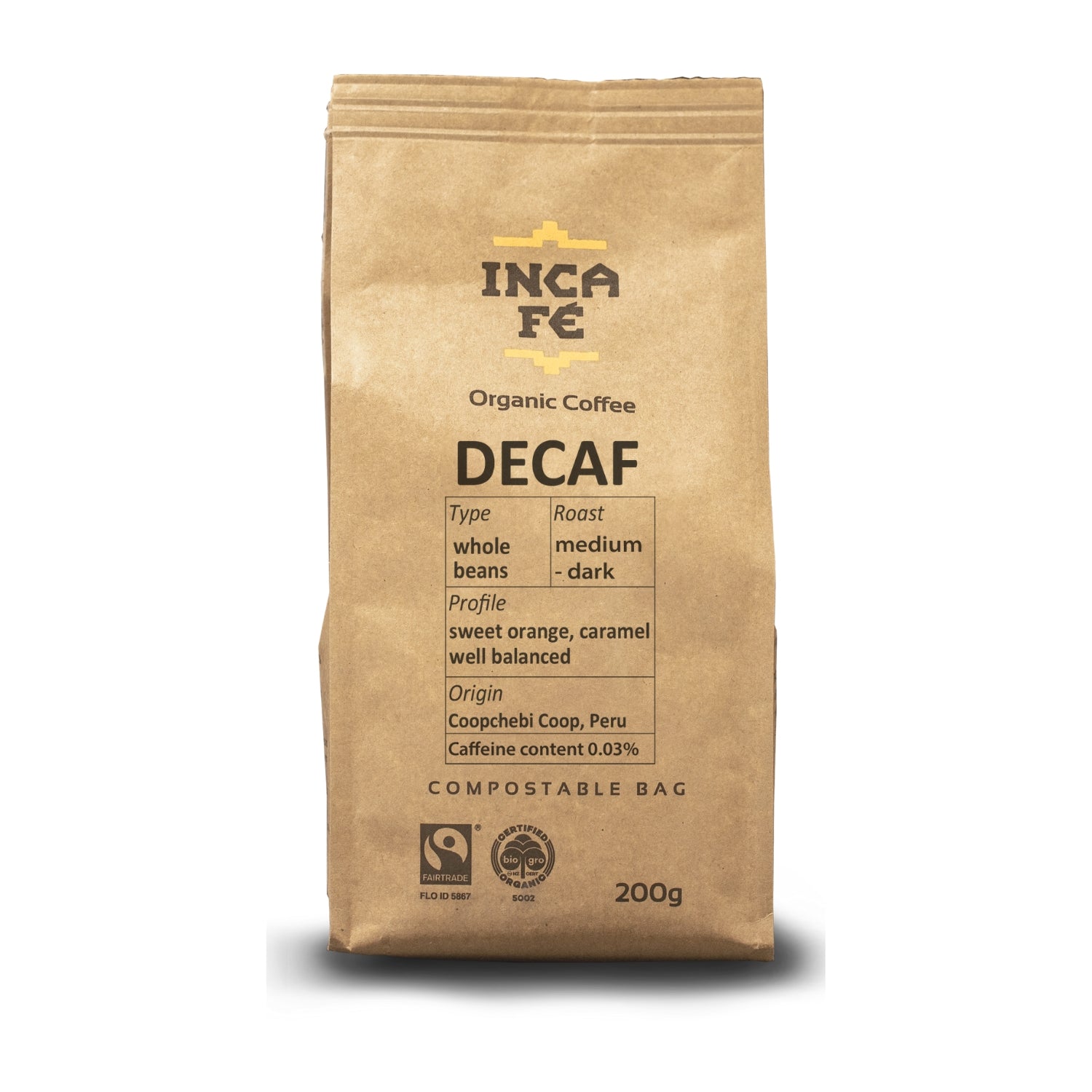 Inca Fe Decaf Coffee Beans 200g