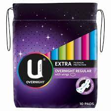 U by Kotex Extra Overnight Regular Pads With Wings 10pk